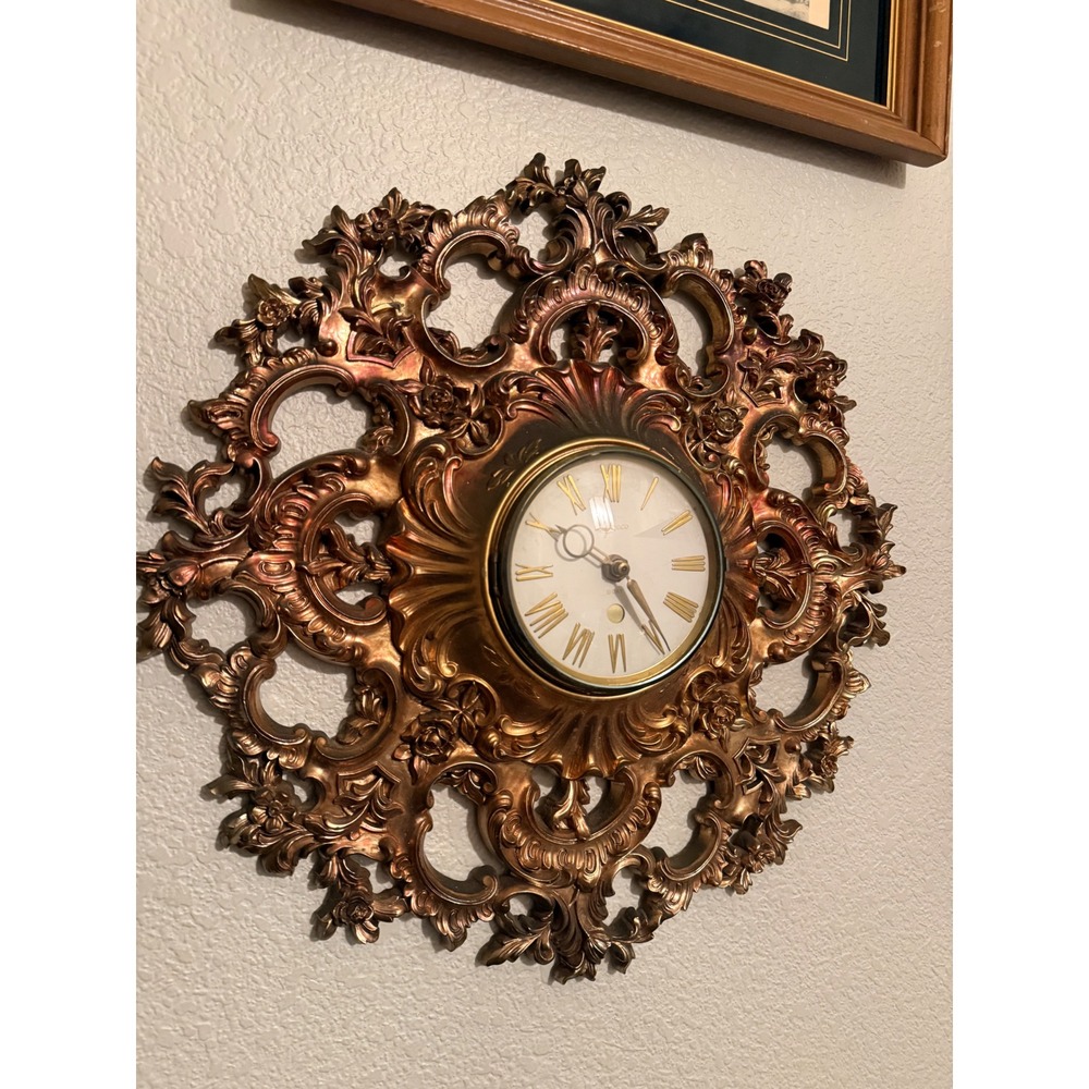 Vintage Syroco Wall Clock Gold Hollywood Regency Ornate Sunburst Roman Numeral